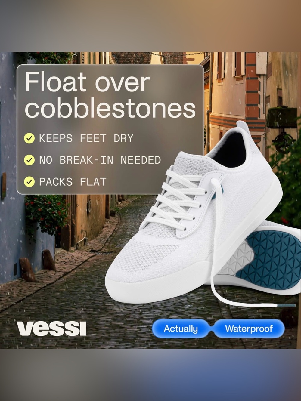 Vessi White Knit Waterproof Lace-Up Sneaker with Teal Accent